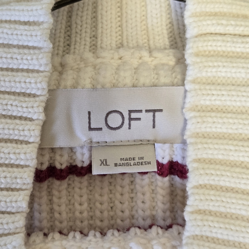 LOFT Cream Knit Top with Burgundy Stripe - Picture 2 of 4